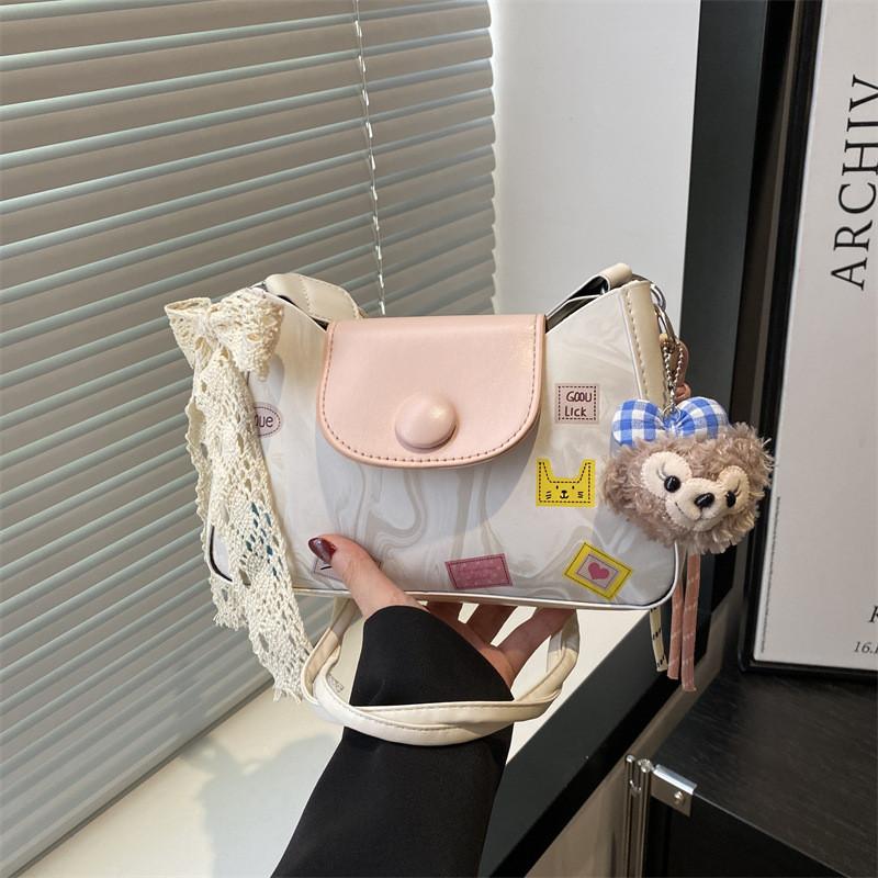 Printed Fashion Cartoon Women Shoulder Square Bag With Lace Bow And Pendant Doll