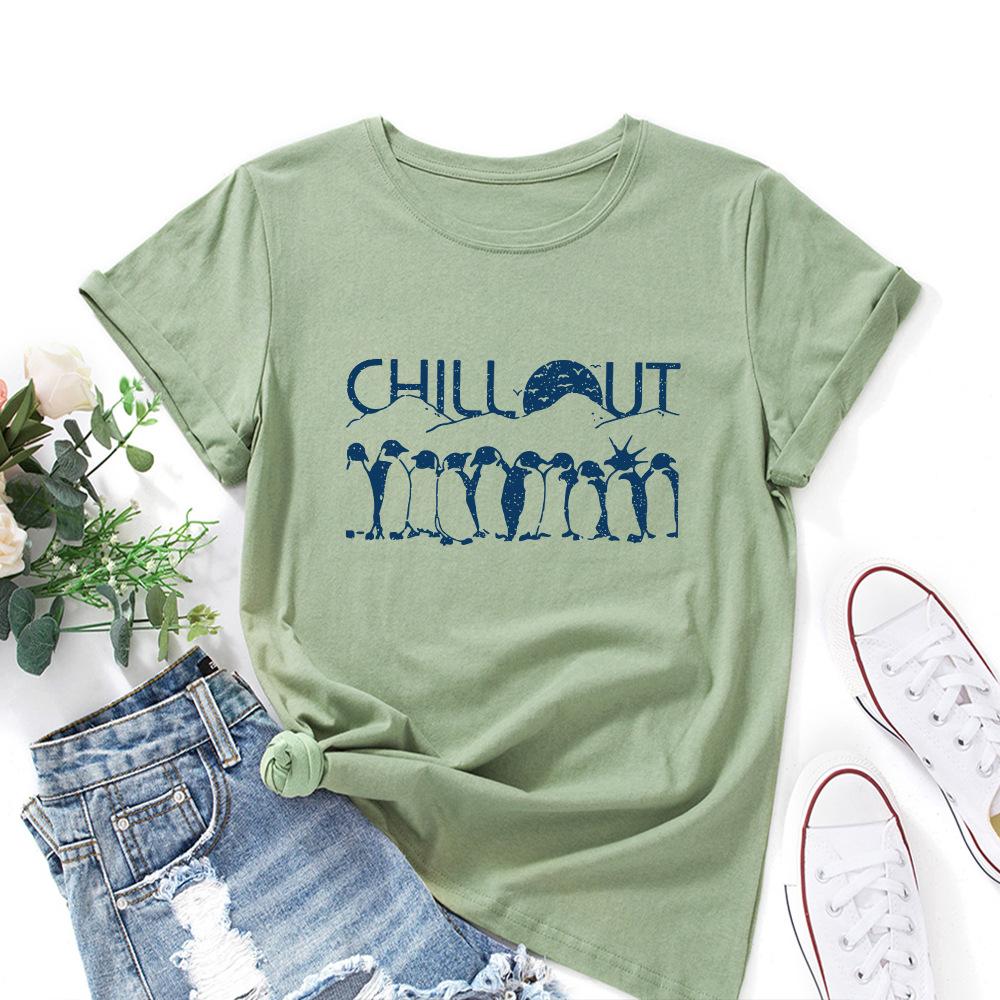 Penguin Cotton T-Shirt Short Sleeve Round Neck Women 2d Print Tops