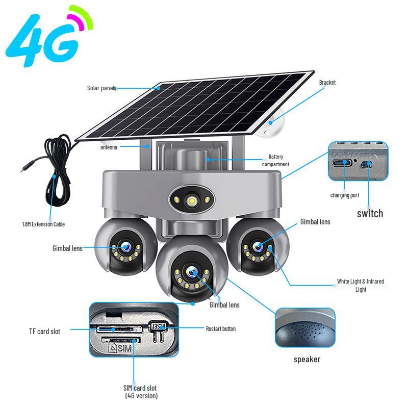 V380pro 4G Solar-Powered Waterproof Outdoor Camera with Tripod & Multi-Screen Display