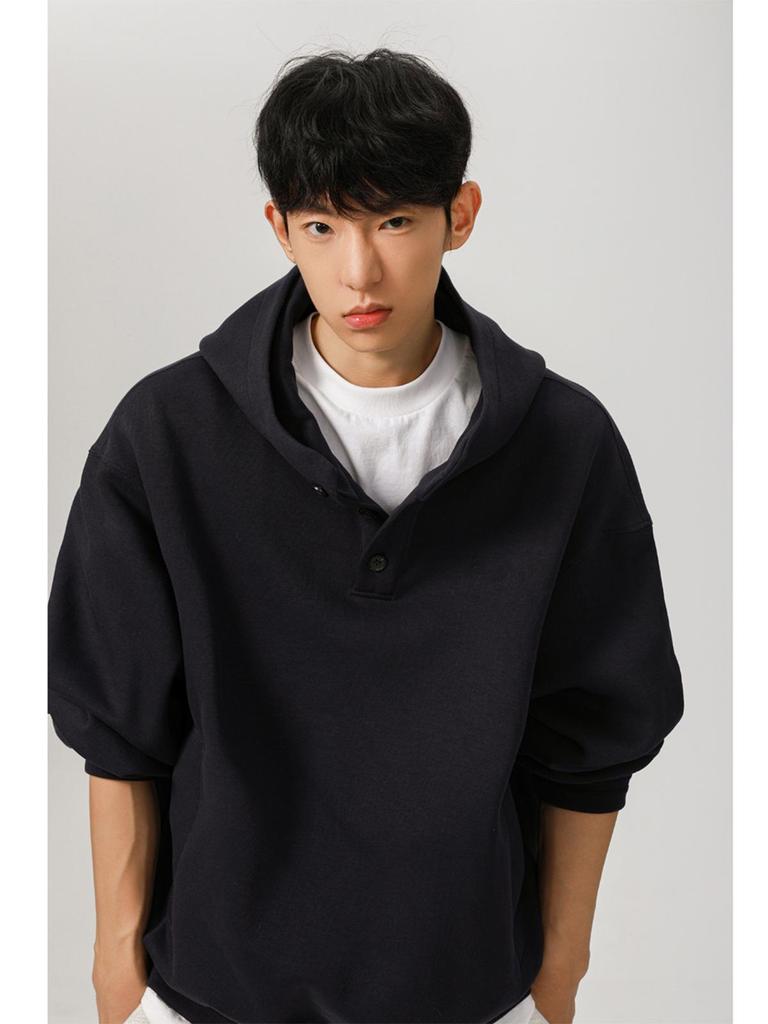 Men's 450g Heavyweight Boxy Cropped Hoodie, Button-Up, American Style for Spring/Autumn
