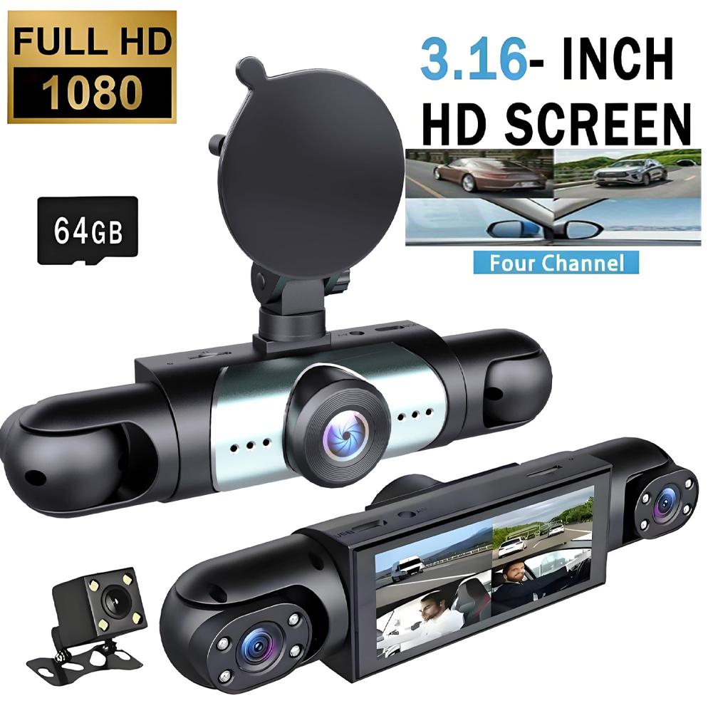 4 Channel Dash Cam 360° View 1080P 64GB Driving Recorder Loop Recording, 24H Parking Mode Full View Car Dashcam System