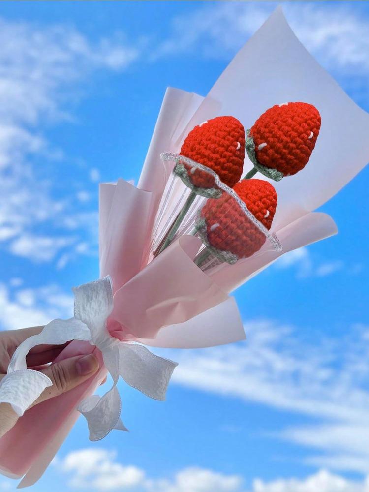 

6 шт. искусственных шерстяных цветов, связанных крючком, букет цветов, связанный вручную, клубничный букет на День святого Валентина, День матери, День рождения, свадьбу, домашний декор красный