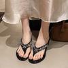 Wedge Rhinestone Flip-flops for Women in Summer, New Round-toe Temperament Soft-soled Non-slip Mid-heel Sandals