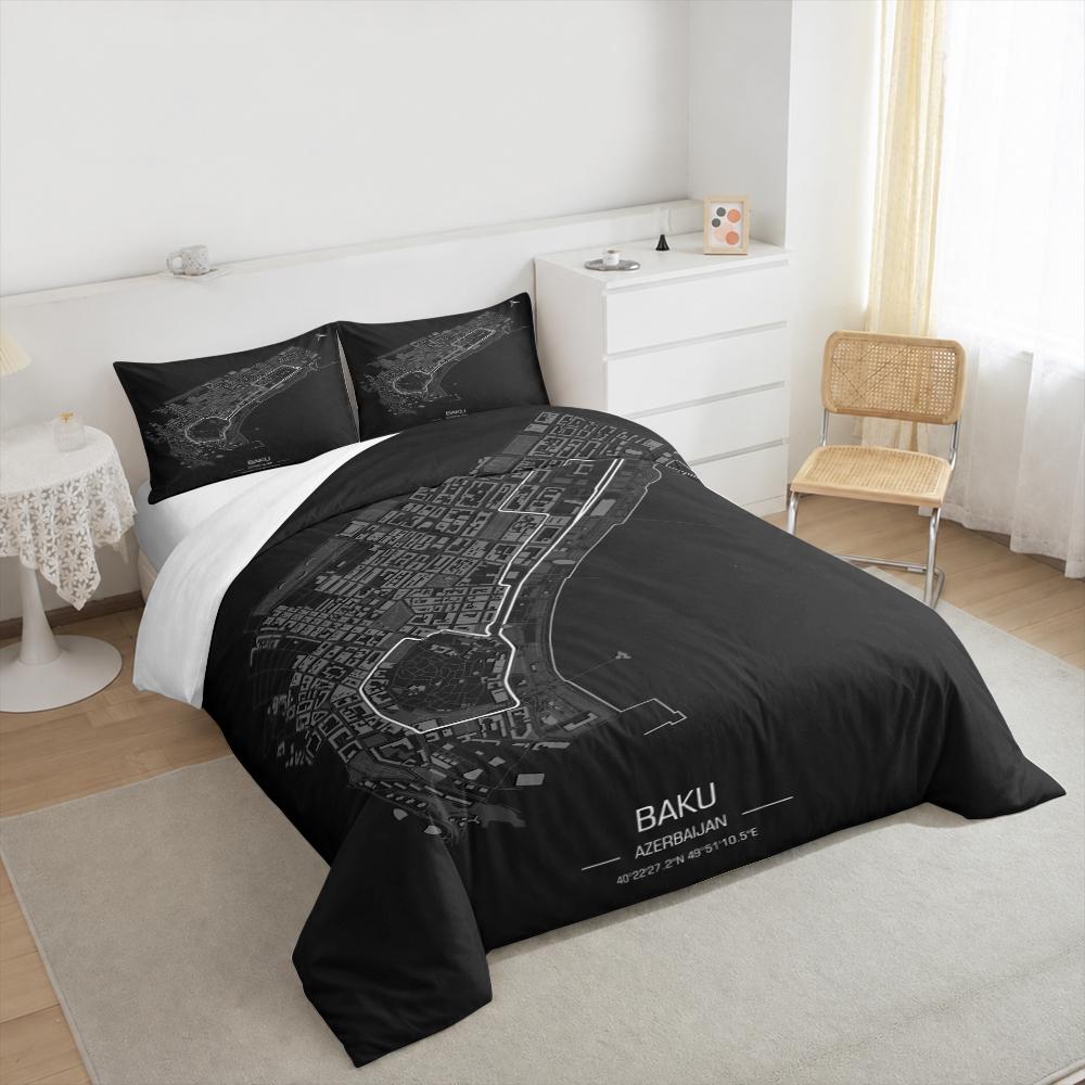 Baku City Circuit Map Dark Bedding set (1 duvet cover, 2 pillowcases, duvet not included), Azerbaijan Street Track Topographic Art Print