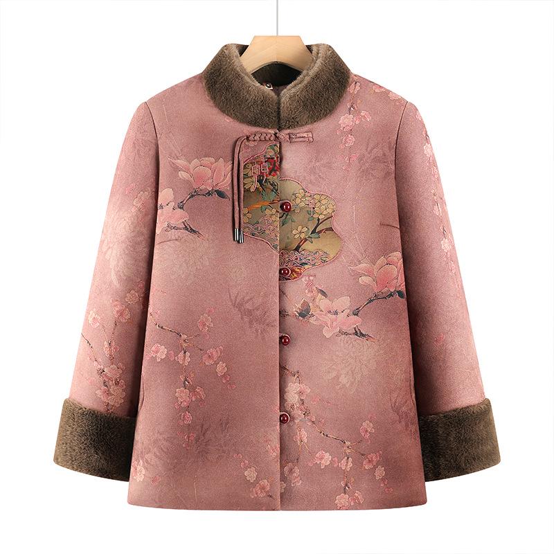 Plus Size Winter Stand Collar Chinese Style Velvet-Lined Cotton Jacket for Grandma