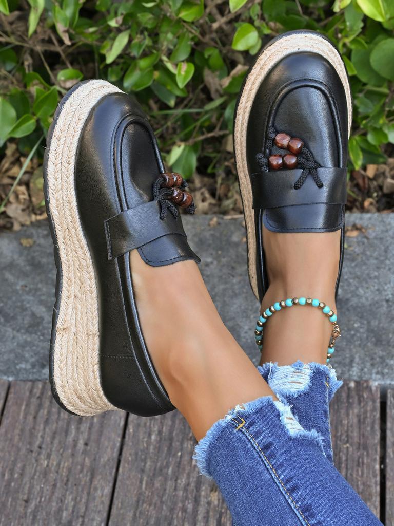 2025 new foreign trade 2025 hemp rope sole sponge cake wedge heel fringed decorative single shoes large size loafers