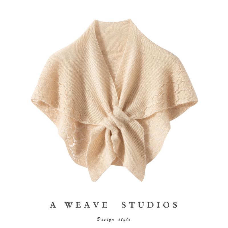 European Style 100% Pure Cashmere Knit Hollowed Small Travel Shawl for Autumn/Winter