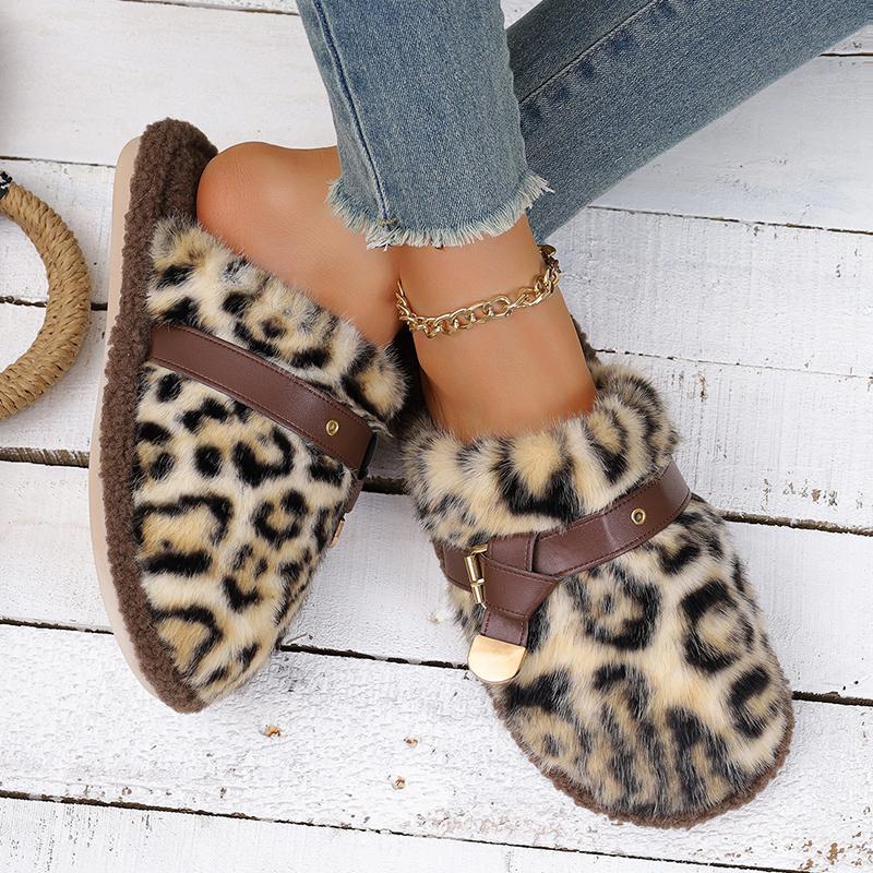 Fashion Fashion Leopard Print Fur Slippers for Women Outdoor Light Non Slip Fluffy Slippers Woman Comfy Flat Heel Plush House Slides