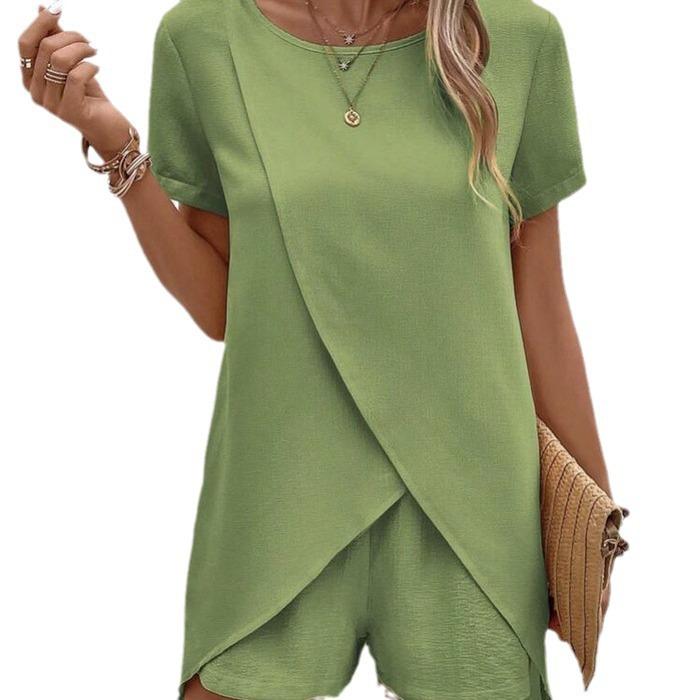 2026 Spring Summer Women's 2 Piece Set Irregular Top & Shorts Solid Color Casual Outfit