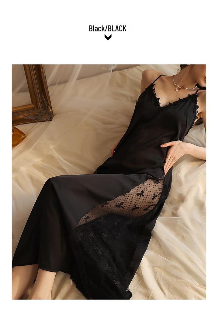 French-Style Backless Nightgown with Built-In Bra, Deep V-Neck, Spaghetti Straps, High Slit, and Mesh - Pure, Alluring, Sexy.