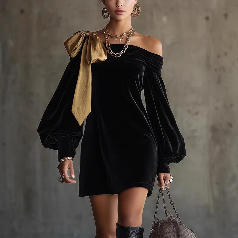 

European American Temperament Commuting Lantern Sleeves Chest Wrap Slim Bag Hip Skirt A-line XXL чорний