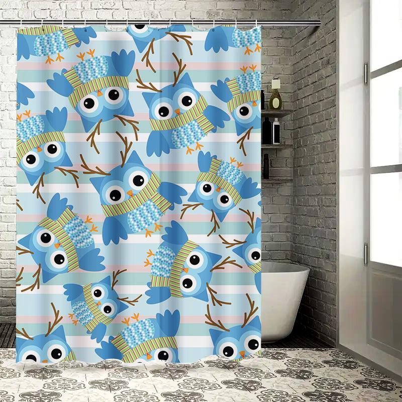 Modern Owl Blue Striped Shower Curtain Cute Bathroom Decor for Kids Room Waterproof Fabric Bath Mat Tassels Rod Pocket Design Un