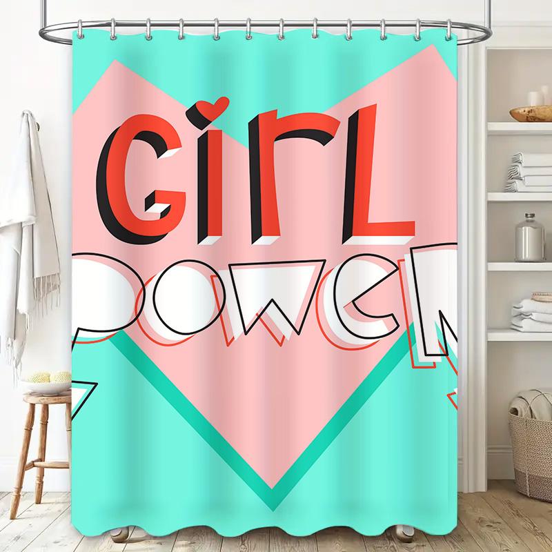 Girl Power Shower Curtain Bold Pink Blue Design for Bathroom Decor Waterproof Fabric with Hooks Set