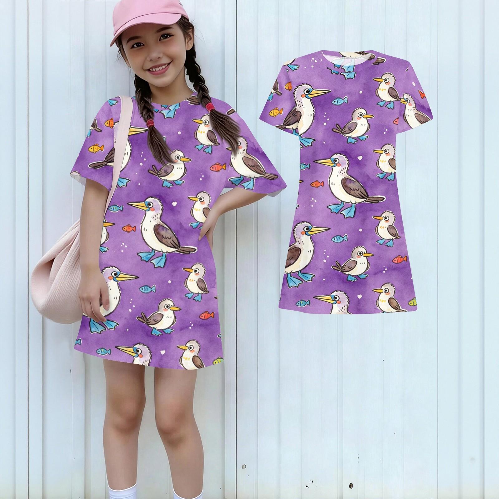 

Girls Loose Fit Short Sleeve Dress Kids Casual Round Neck Lightweight Summer Dress with Animal Print Comfortable Fabric 130 фіолетовий