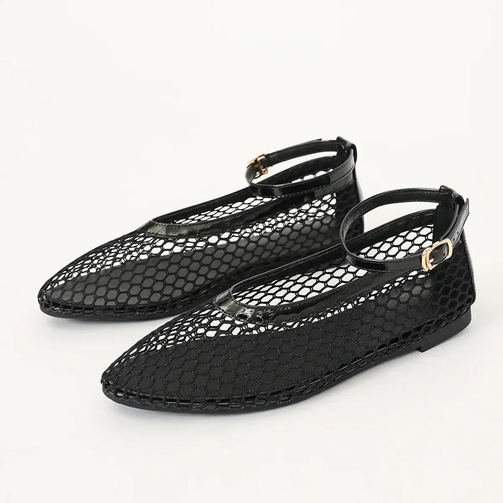 Fashion Comfortable Hollow Mesh Flat Sandals Women Sexy T Strap Belt Buckle Design Brand Ballet Shoes Non-slip Soft Sole Women's Shoes