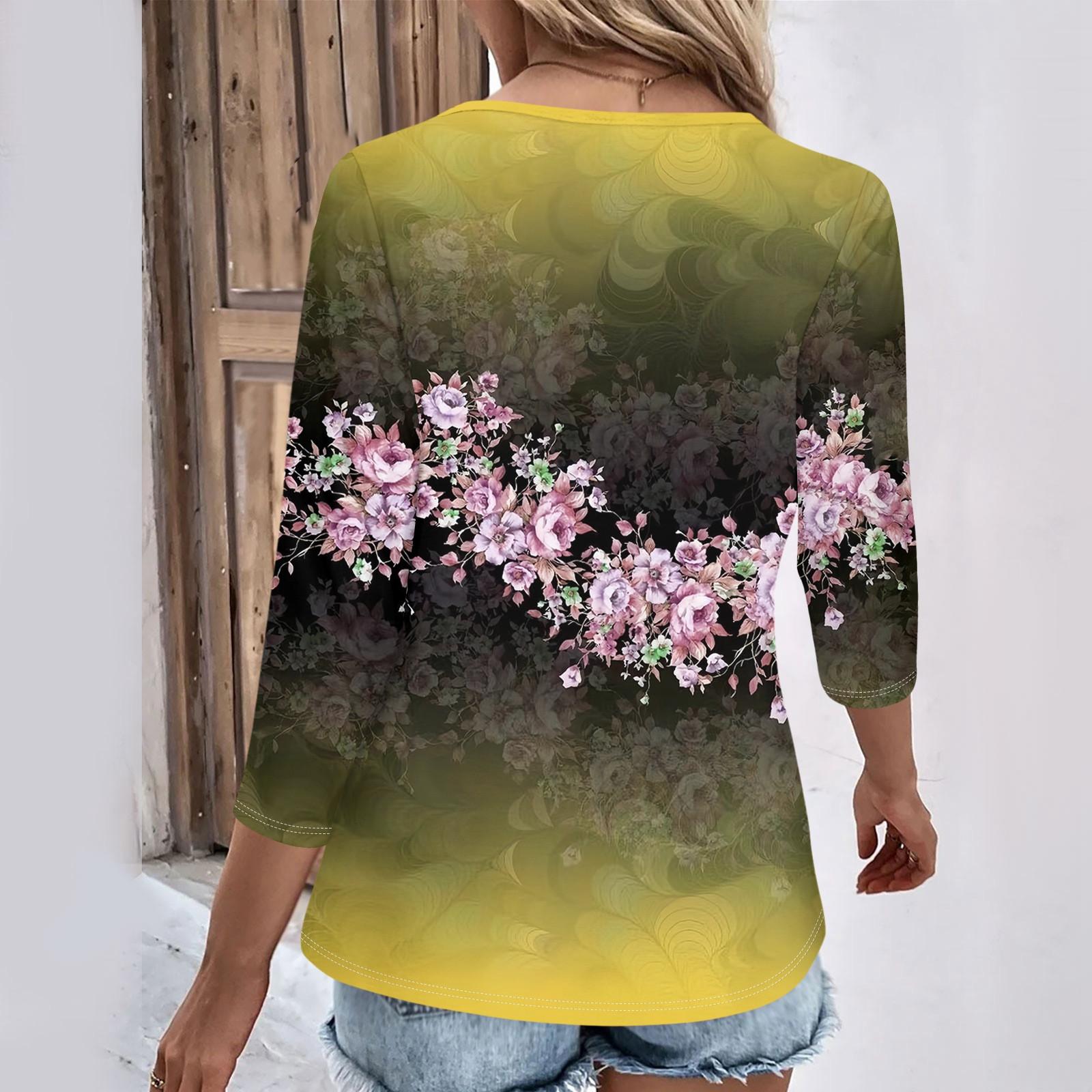 Женские повседневные футболки с рукавом 3/4 для выходных с V-образным вырезом и принтом — фото 3