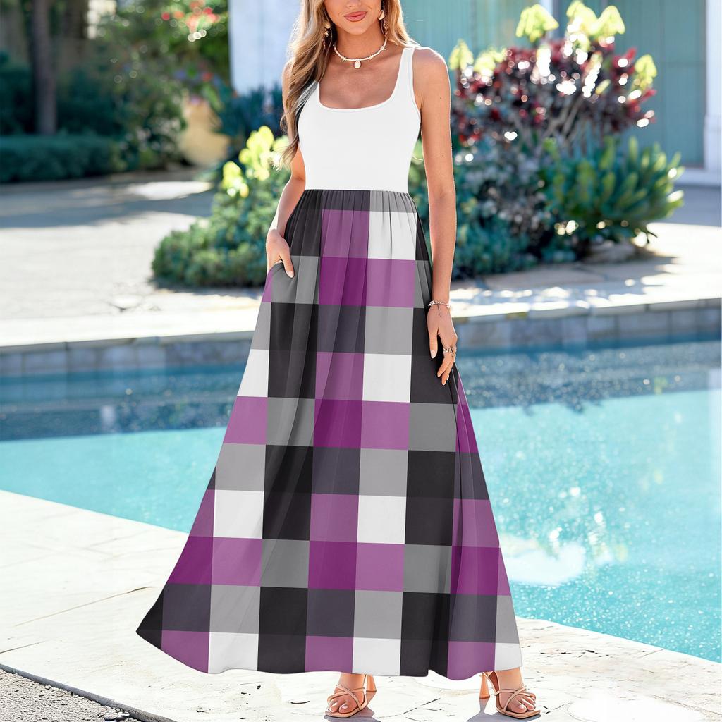 Ladies' Plaid Printed Summer Casual and Fashionable Sleeveless Long Dress