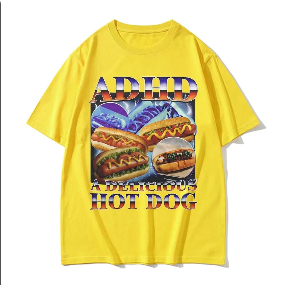 

ADHD A Delicious Hot Dog Funny Food Meme Tshirt Women Vintage Summer T Shirt Comfort Roundneck Soft Women Daily Wear Clothing S