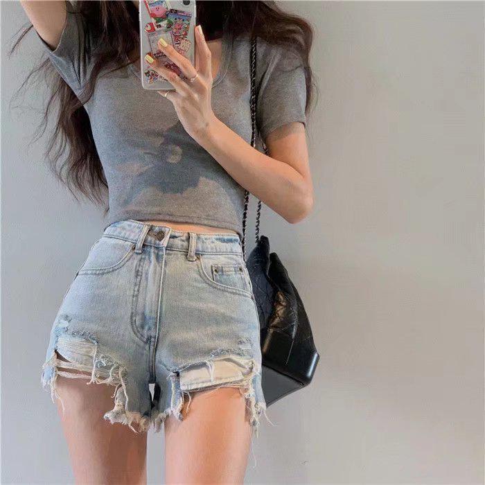 Women s Plus Size High Waist Ripped Denim Shorts - 2023 Retro Frayed Hem A-line Slimming Summer Style. L светло-синий