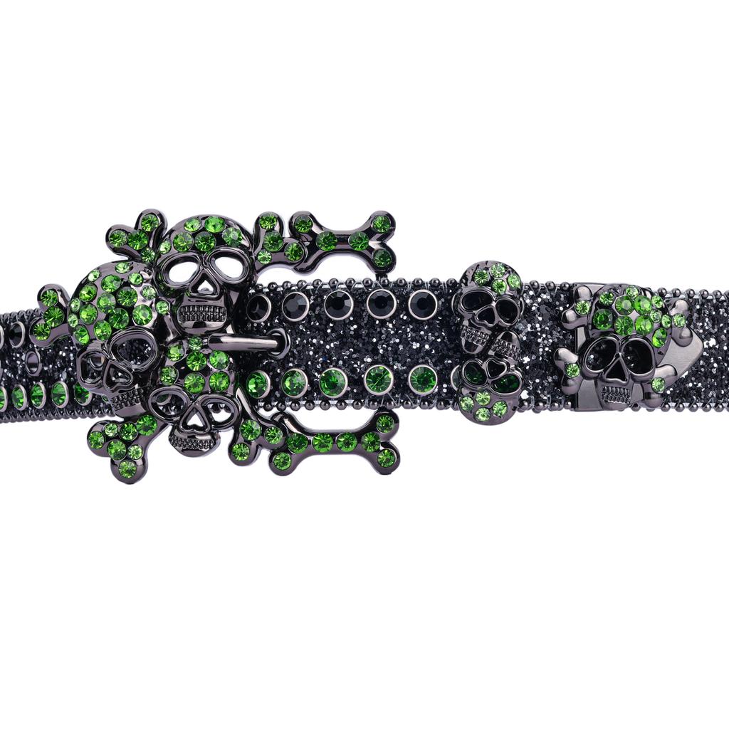 Green Rhinestone Skull Studded Western Belt Crystal Bling PU Leather Belt Y2K Gothic Designer Style Belt for Men Women Cowboy