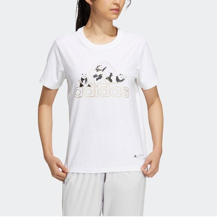 Adidas Large Logo Panda Print Casual Short Sleeve T-Shirt Women Tops White HT6900