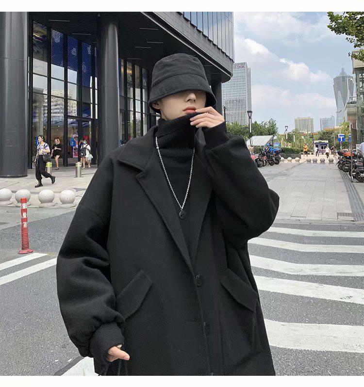 Men's Trendy Mid-Length Woolen Coat - Hong Kong Style, Autumn/Winter, Korean Version, Casual Fit, Handsome Look.