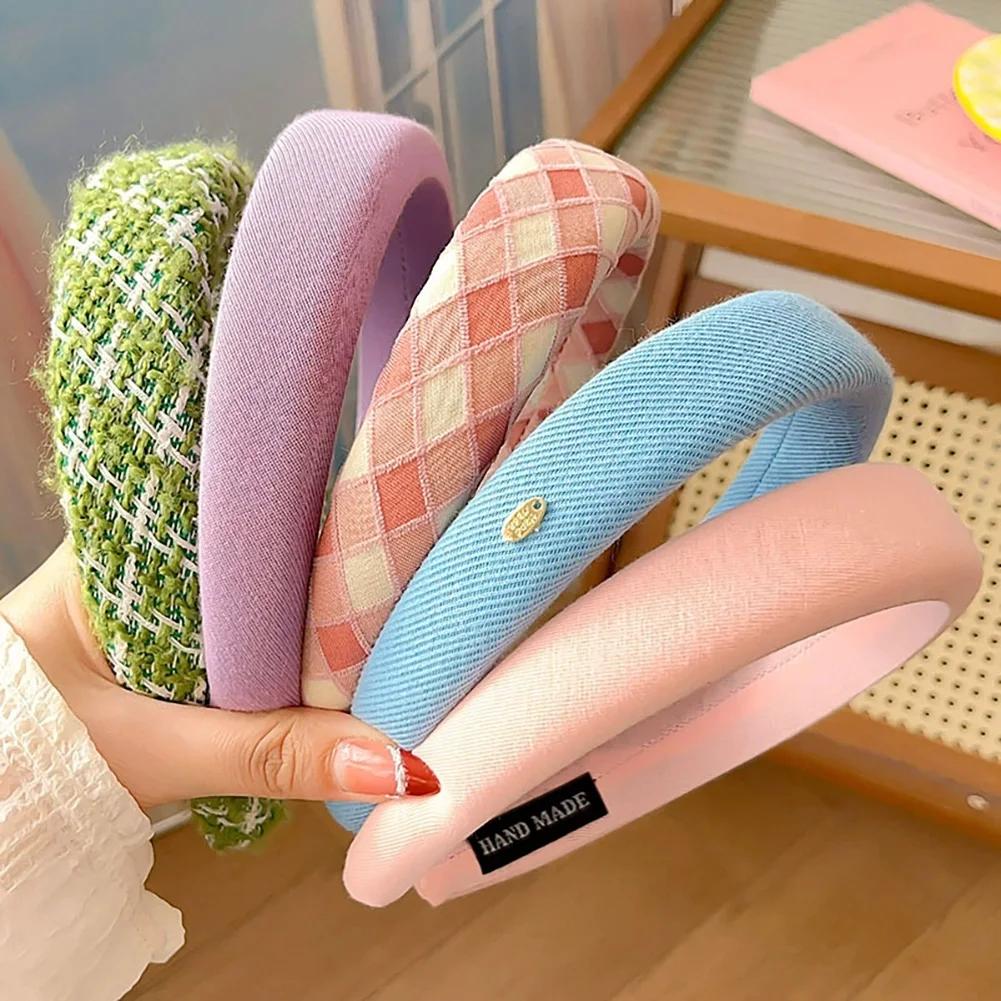Spring Summer Women Solid Color Head Hoop Set Princess Girls Sweet Plaid Cloth Headbands for Children Daily Headpiece