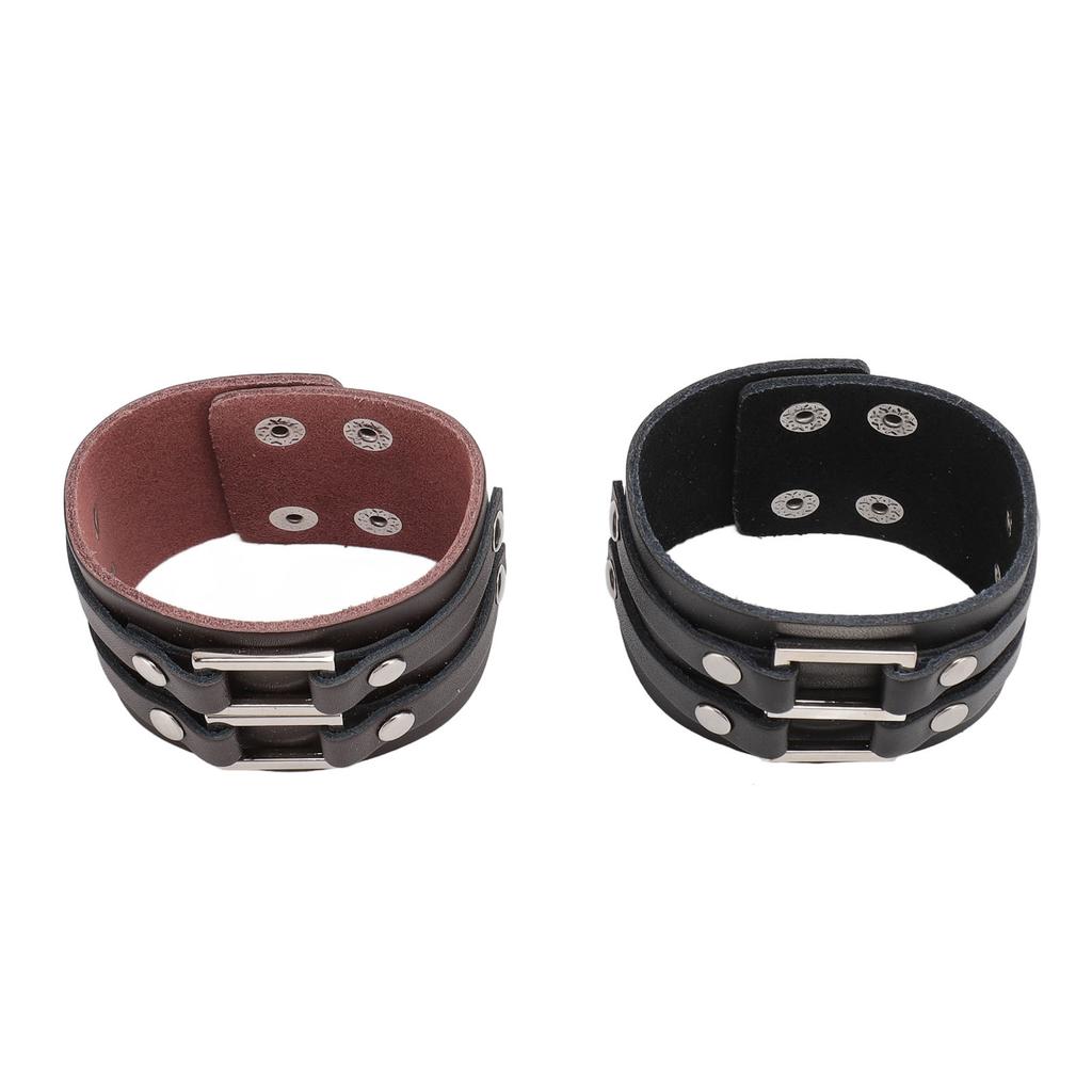 2pcs Wide PU Leather Bracelet Wrist Cuffs Punk Cuff Bracelet for Motorcycle Rider Black Brown
