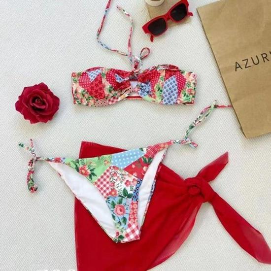 

Европейско-американский купальник бикини с завышенной талией и разрезом, с цифровым принтом и дизайном с бантом L (105-120 jin)