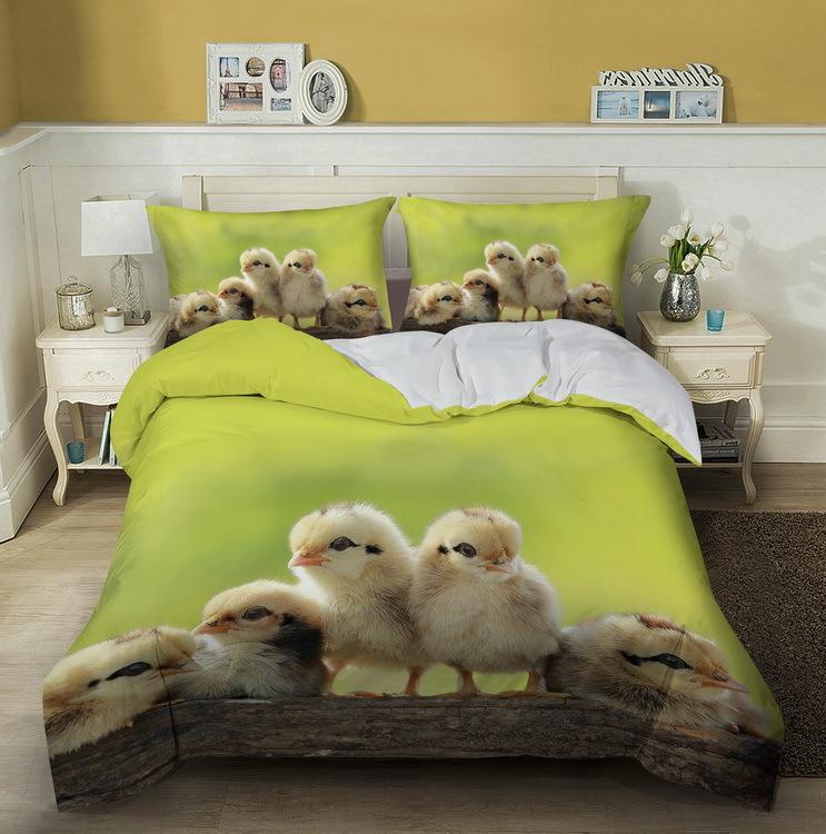 Chick Kids Duvet Cover Set King/Queen Size, Farm Animal Print Duvet Cover, Yellow Cute Chick Bedding Set In The Basket, Green
