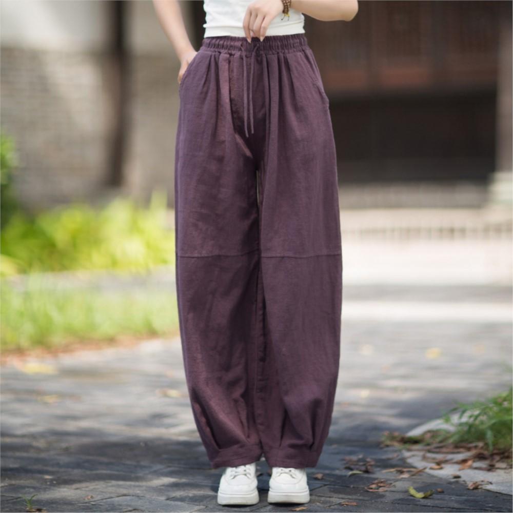 Johnature Women Vintage Harem Pants Solid Color Elastic Waist Autumn Belt Loose Female Patchwork Pants