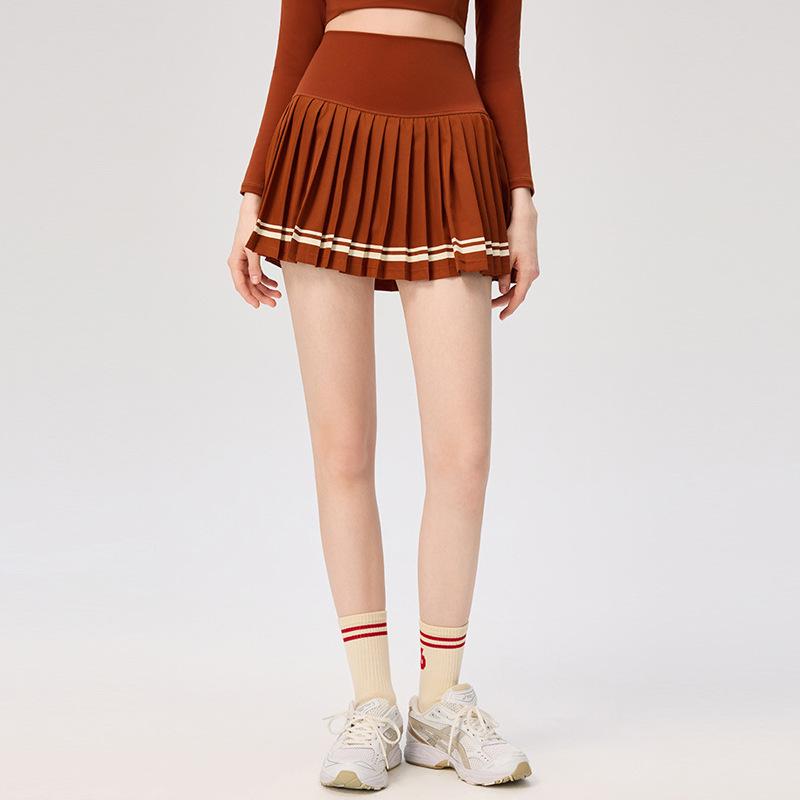 Women's Slim Fit College Style Tennis Set: Long Sleeve Top & Striped Pleated Skirt