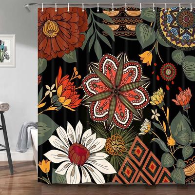 Abstrakt Böhmisk Floral Botanisk Duschdraperi, Mid Century Morden Boho Botaniska Blommor Tropiska Blad Badrumsdraperi, W