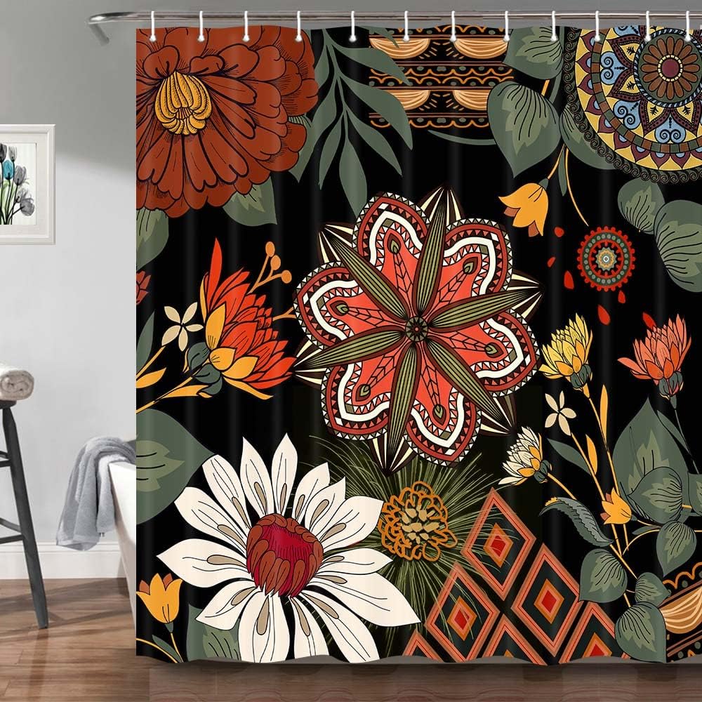 Abstrakcyjna Boho Kwiatowa Botaniczna Zasłona Prysznicowa, Mid Century Morden Boho Botaniczne Kwiaty Tropikalne Liście Zasłona Łazienkowa, W