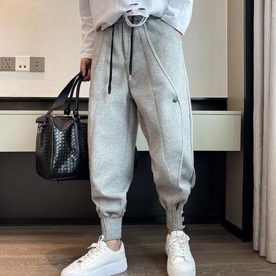 Autumn Men Pants Solid Color All Match Drawstring Elastic Waist Loose Ankle Tied Pants for Daily Wear