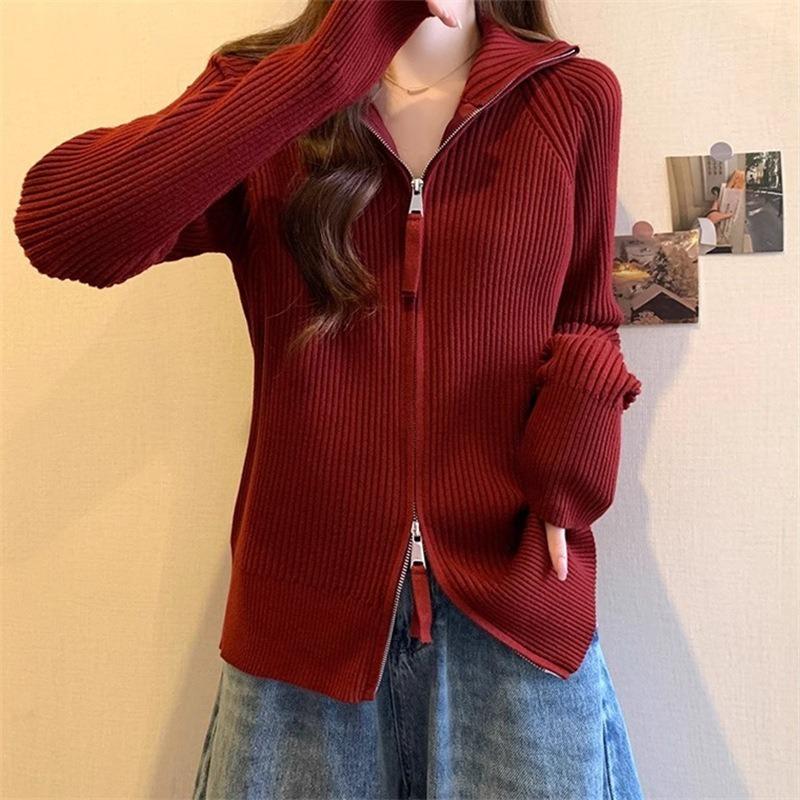 Large size women's clothing autumn and winter solid color double-ended zipper thin pit strip lazy temperament cardigan lapel knitted sweater top