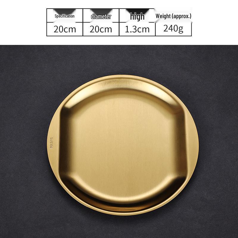 Korean Style Golden Round Plate - Shallow Plate for Snacks, Western Food, Steak, BBQ, and Desserts.