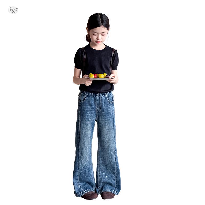 Girls' Silver Micro-Flare Pants - Autumn 2026 New Arrivals, Loose Bell Bottom Jeans for Kids