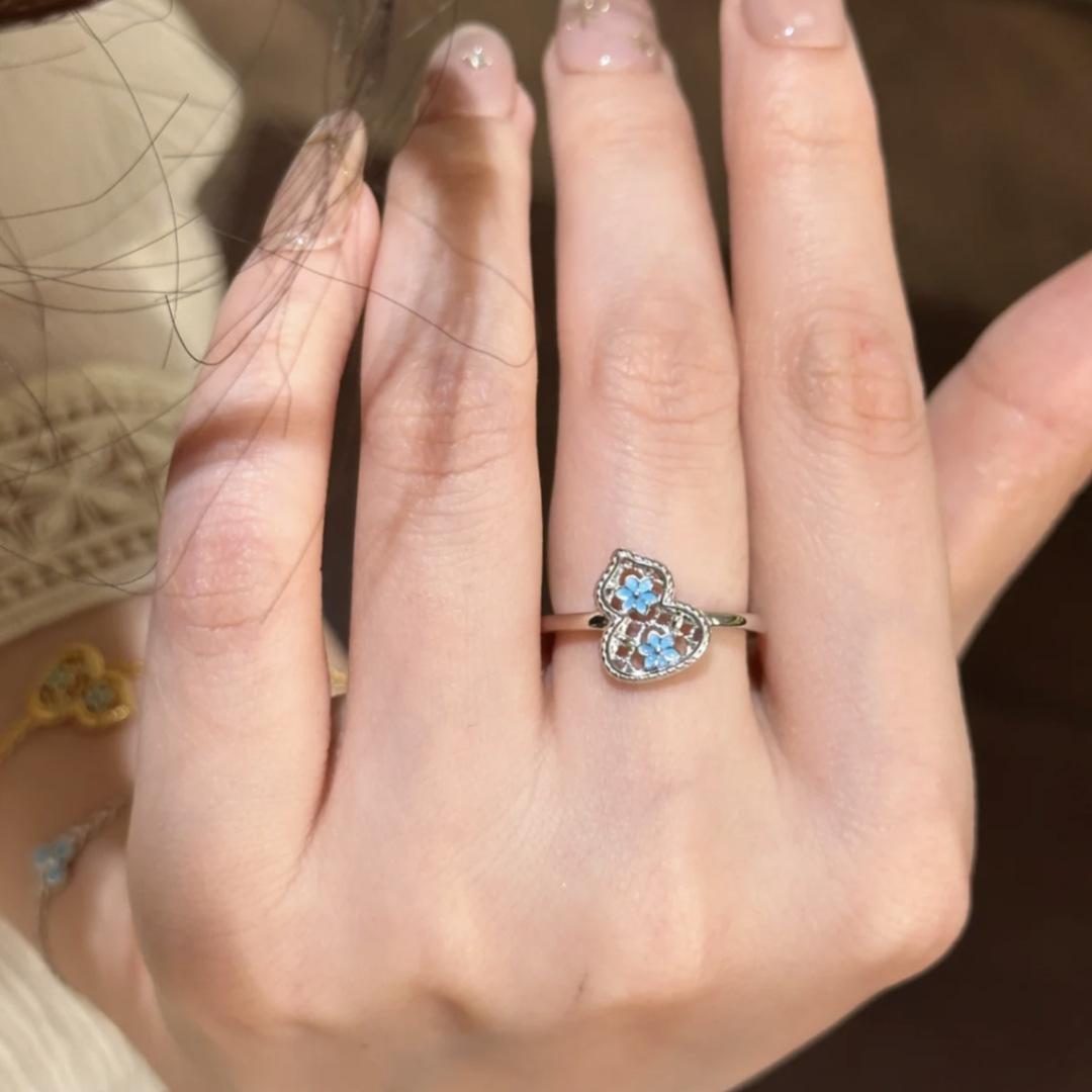 New Chinese Vintager Medieval Blue Flower Enamel Gourd Ring Cross Light Luxury Niche High Sense Adjustable