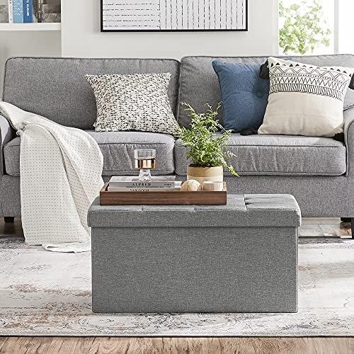 Ottoman with Storage, Space Saving, Light Gray 76 X 38 X 38 Cm Linen Fabric