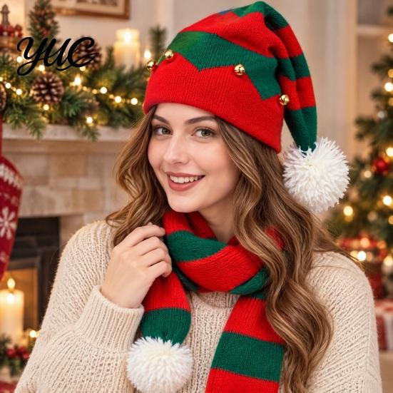 Soft Plush Headwear Christmas Elf Hat with Fur Ball, Santa Knit Hat, Festival Decoration Gifts Red And Green Party Costume Accessories for Adults Kids