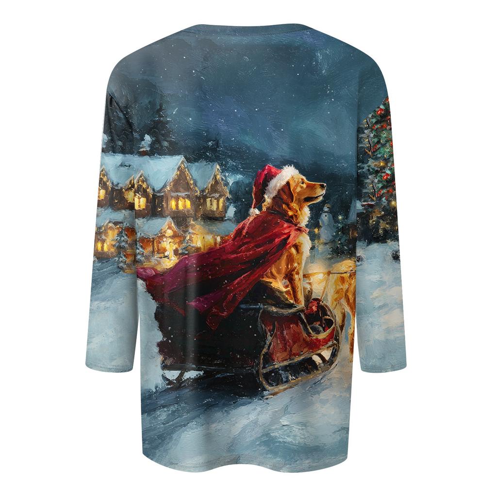 3/4 Sleeve Shirts For Women Print Christmas Tees Blouses Casual Plus Size Basic Tops Pullover