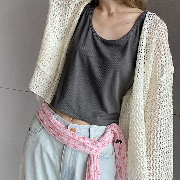 Harajuku stickad kofta dam vintage hollow out oversized tröja koreanskt mode löst Casual långärmade tunna toppar