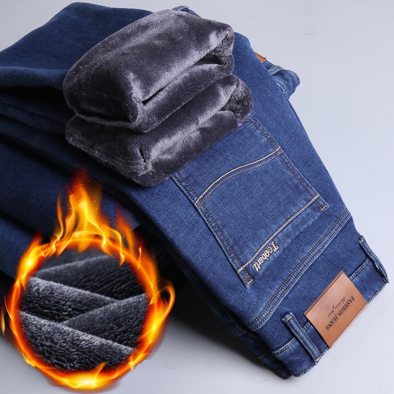 Spring And Autumn Winter New Men'S Plush/Regular Jeans Slimming Straight Stretch Business Versatile Long Pants