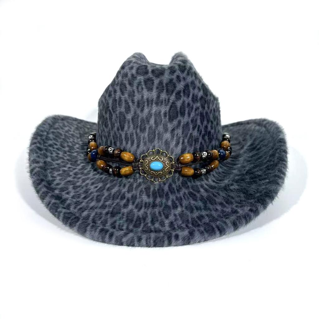 Western Cowboy Hat Autumn and Winter Men's and Women's Top Hats Retro Wooden Bead Accessories Leopard Print Jazz Hat