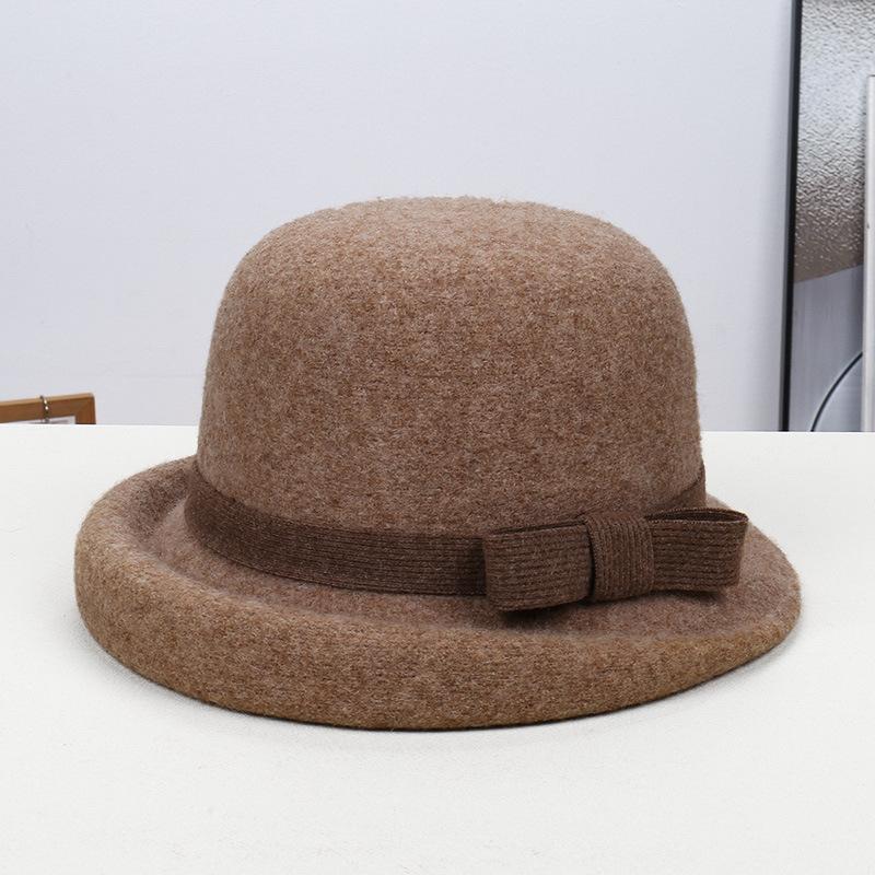 Fashion new French retro cashmere blended basin hat high-end temperament bow elegant small fresh top hat