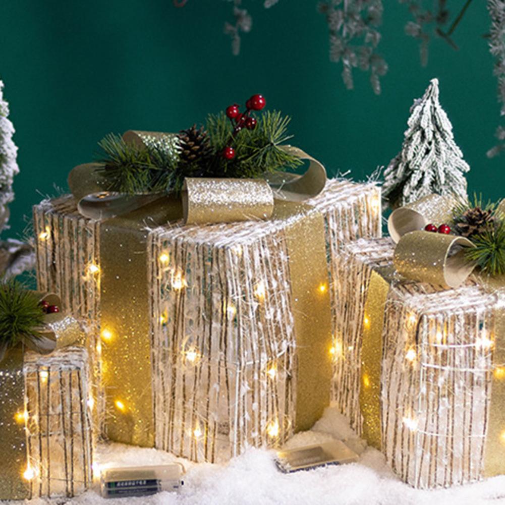 Set Of 3 Christmas Light Up Boxes Decoration Plastic Plush Decorative DIY Christmas Kit Festive & Party Supplies Decoration
