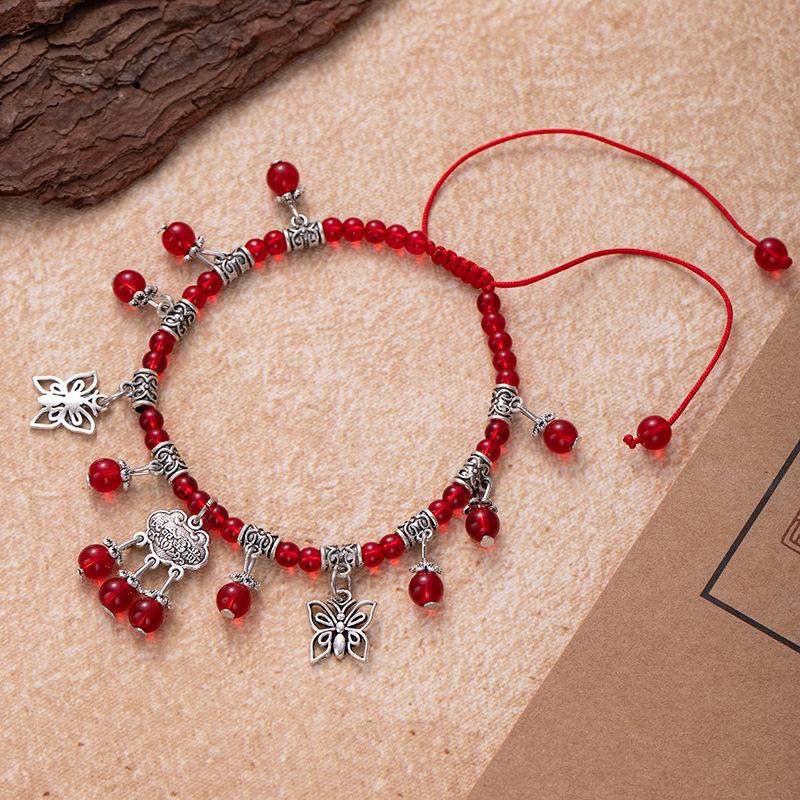 Red String Foot Chain Garnet Foot Accessory Long-life Lock Bell Handcrafted Beaded Accessory