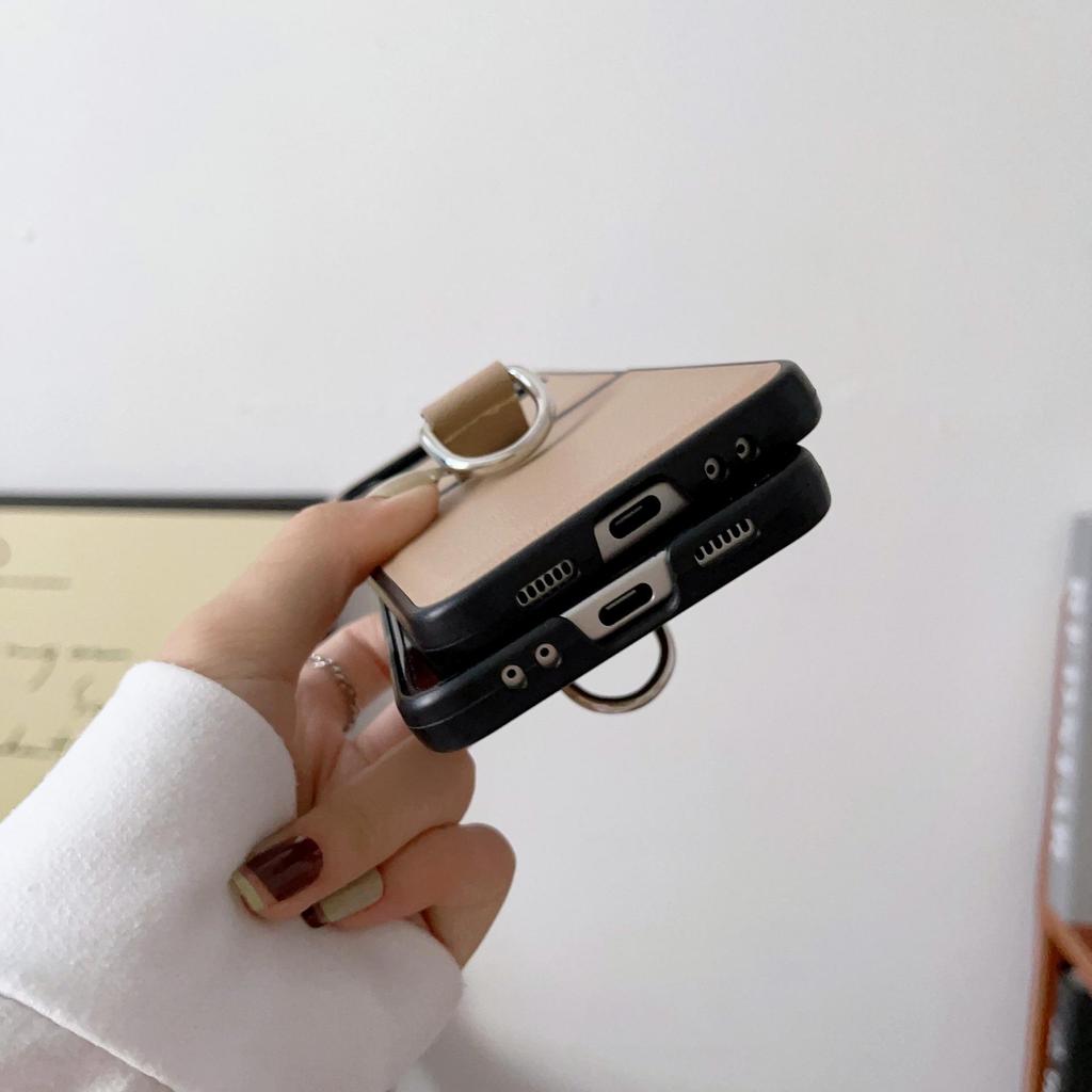 Samsung Z Flip7/6/5 Leather Pattern Ring Case - Drop Protection, Solid Color, Foldable Phone Cover