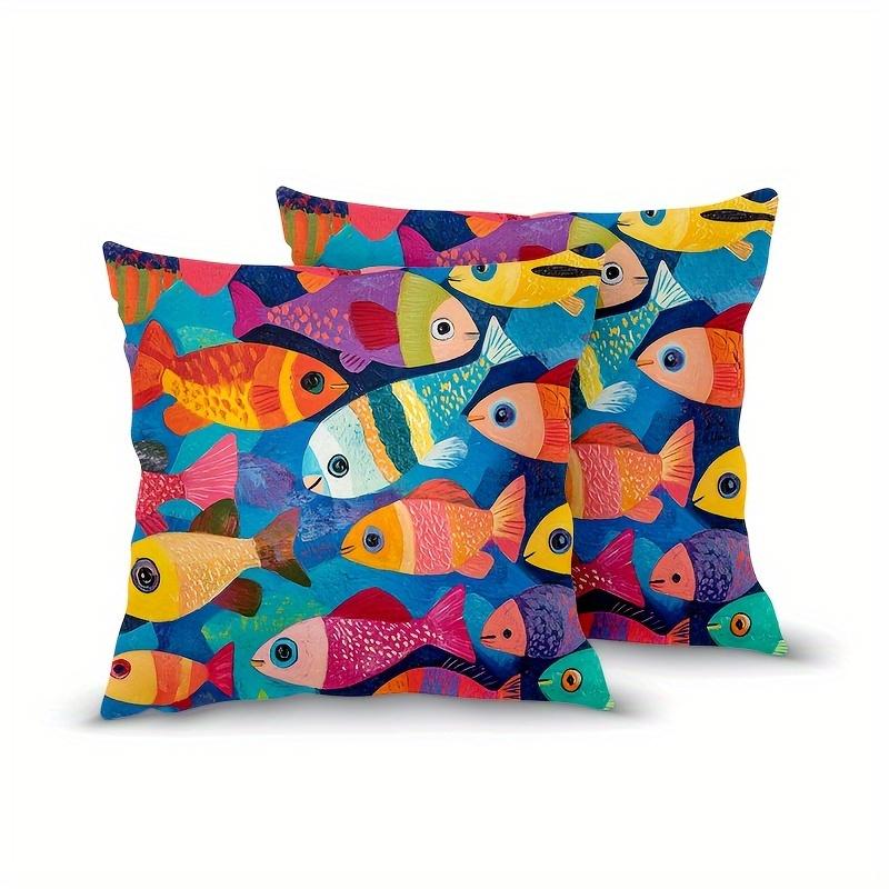 1Pc Colorful Fish Print Pillow Cover, Polyester 2D Double Sided Print Cushion Case, Tropical Ocean Style Throw Pillowcase, Perfe